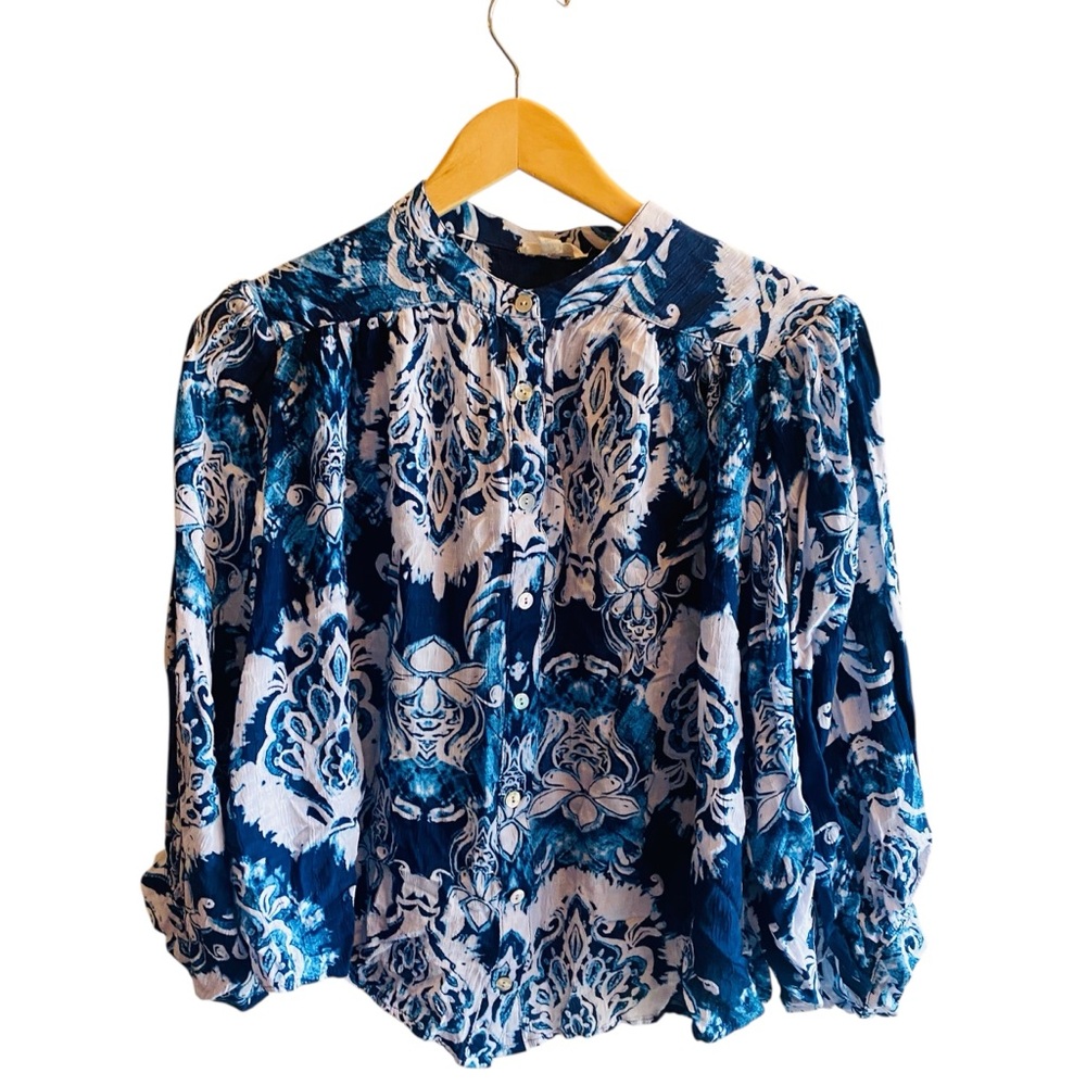 Haute Hippie Top Blue Artsy Print Balloon Batwing Sleeve Button Up Blouse Sz M - Picture 1 of 5